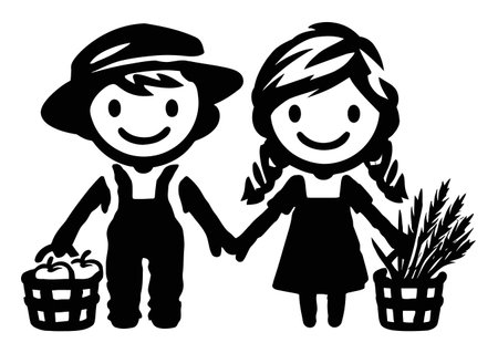 Two cheerful children hold hands in a field, each carrying a basket filled with fresh produce. This illustration represents friendship, harvest, and joyful moments in nature.のイラスト素材