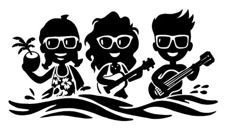 A vibrant silhouette illustration depicting three friends enjoying a summer beach scene with music and joy, perfect for summer-themed projects or designs.のイラスト素材