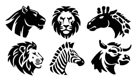 A striking collection of black silhouettes depicting various wild animals. Perfect for creative projects, branding materials, or as unique art pieces.のイラスト素材