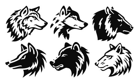 A captivating collection of black and white animal head illustrations featuring wolves and bears,...