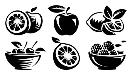 Explore a stunning collection of black and white fruit illustrations featuring apples, lemons, cherries, and mint. Perfect for food themes and designs.のイラスト素材