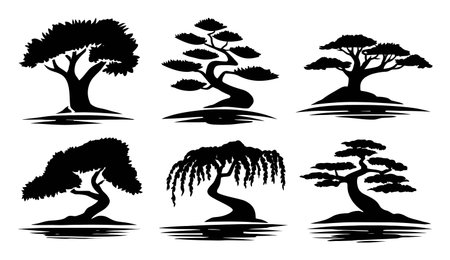 This collection features diverse silhouettes of unique tree designs, ideal for nature-themed projects. Perfect for artistic expressions, branding, and environmental themes.のイラスト素材
