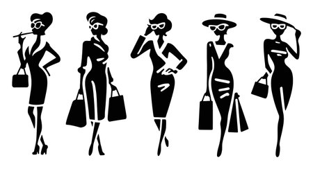 This stunning collection features elegant silhouettes of fashionable women in chic poses, showcasing various stylish outfits and accessories, perfect for design projects.のイラスト素材