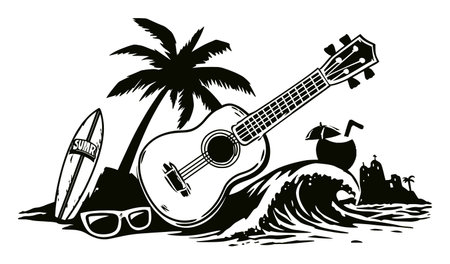 Artistic illustration of a tropical beach scene featuring a guitar, palm trees, surfboard, and waves. Perfect for summer-themed designs and relaxation visuals.のイラスト素材
