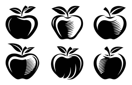 A collection of six artistic black and white apple illustrations showcasing various design styles and shapes, perfect for food-themed projects or organic concepts.のイラスト素材