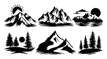 A collection of black and white mountain silhouettes with trees, sun, and clouds, showcasing serene nature scenes ideal for artistic projects or nature themes.のイラスト素材
