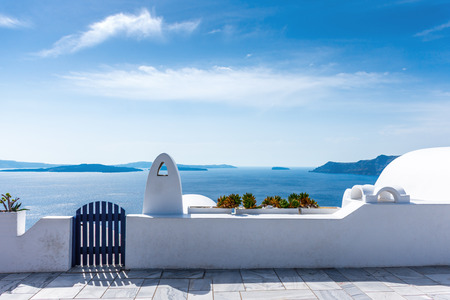 Santorini, Greece. Picturesque view of traditional cycladic Santorini houses on cliffの写真素材