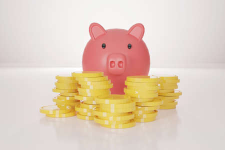 Pig piggy bank with coins 3D renderの写真素材