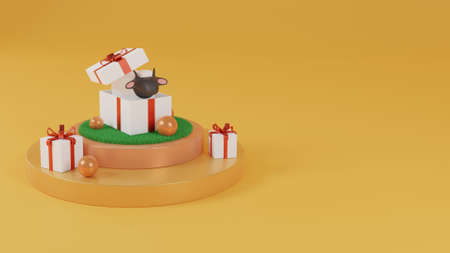 Happy eid mubarak with sheep inside gift box on podium 3d illustrationの写真素材