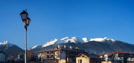 View of snowy pirin mountais from Bansko sity in Bulgariaの写真素材