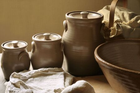 Vintage antique cermic canisters, bowl and napkinの写真素材
