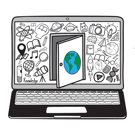 Doodle hand drawing open the door to the world of knowledge using computer and internet. Can find endless information. vector illustration.のイラスト素材
