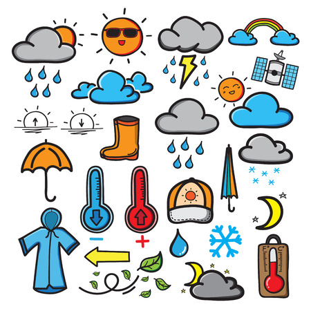 The doodle symbols of the weather are drawn by hand as a cartoon theme. vector illustration.のイラスト素材