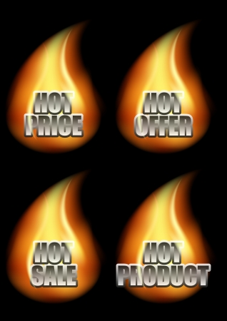 Set of Four Hot Eshop Messages in Decorative Font in Flame on Black Background  Included Messages Hot Price, Hot Offer, Hot Sale And Hot Product のイラスト素材