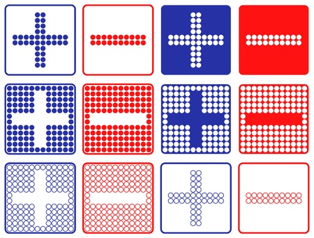 Blue Plus And Red Minus Symbols Patchwork of Color Dots  Set of Six Variantsのイラスト素材