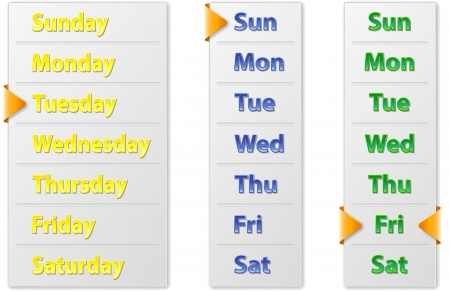 Set of Three Abstract Vertical Weekly Calendars With Orange Arrow Pointer. Included Variants With Full Names if Days Like Sunday And With Abbreviation Like Sun.のイラスト素材