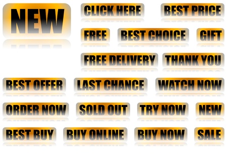 Set of 18 Decorative Buttons With General Eshop Messages  Click Here, Best Price, Free, Best Choice, Gift, Free Delivery, Thank You, Best Offer, Last Chance, Watch Now, Order Now Sold Out, Try Now, New, Best Buy, Buy Online, Buy Now, Sale  Included EPS10 のイラスト素材