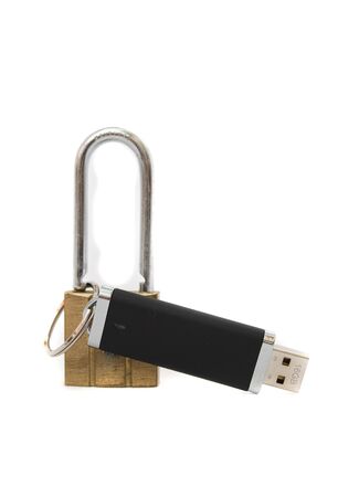 Memory stick on a padlock on plain background