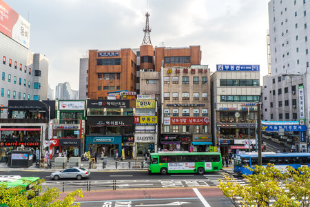 Seoul, Korea - Shops and modern office buildings, Urban street scene - 11/01/15
