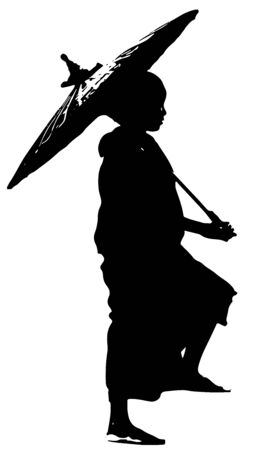 Young Buddhist Monk Carrying Umbrella, Black and White Silhouetteのイラスト素材