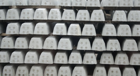 Concrete, grey blocks put in stack creating interesting patterns.の写真素材