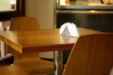 Restaurant table with empty chairs and tissues in the middle.の写真素材