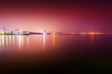 Twilight lakeside cityの写真素材