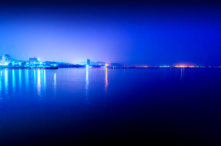 Twilight lakeside cityの写真素材