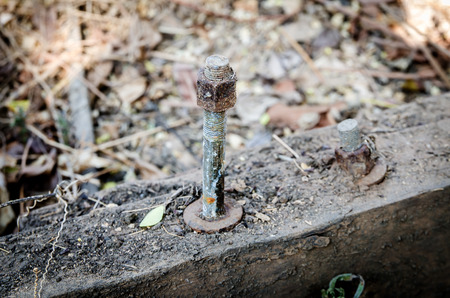 Old bolt and nut on woodの写真素材