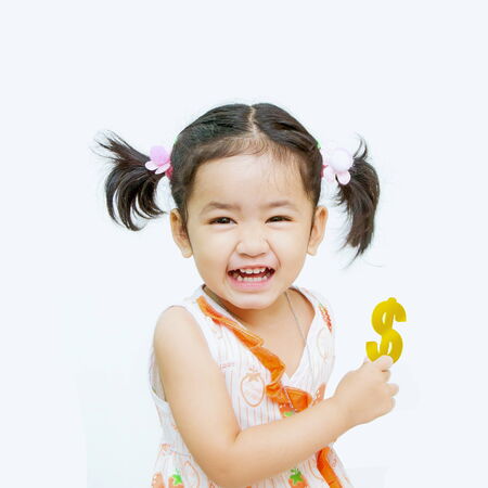 Happy  asian girls with dollar in hand on the white 