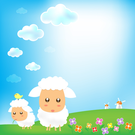 Sky and sheep with grass wind mill のイラスト素材
