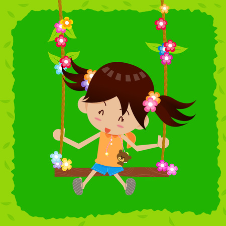 Little girl playing swings with happinessのイラスト素材