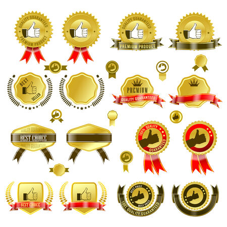 Set of gold badges with ribbon and stickers illustration,のイラスト素材