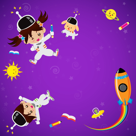 Boy and girl cartoon on the galaxy space vector illustrationのイラスト素材
