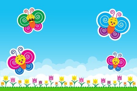 Butterfly on Nature background with green grass and flowers and blue sky, vector illustrationのイラスト素材