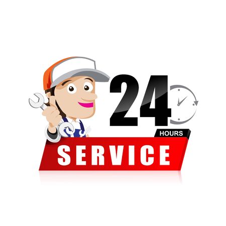 Smile mechanic man with tool in hand service 24 hours vector illustration eps10のイラスト素材