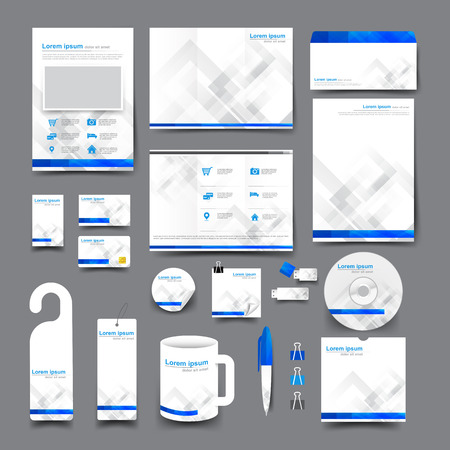 Big set trifold brochure business card letter head envelope stationery mug hang tag background templateのイラスト素材