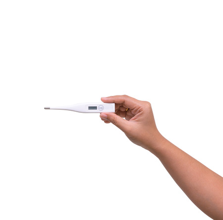 Hand holding digital thermometer for fever measurement isolated on white background