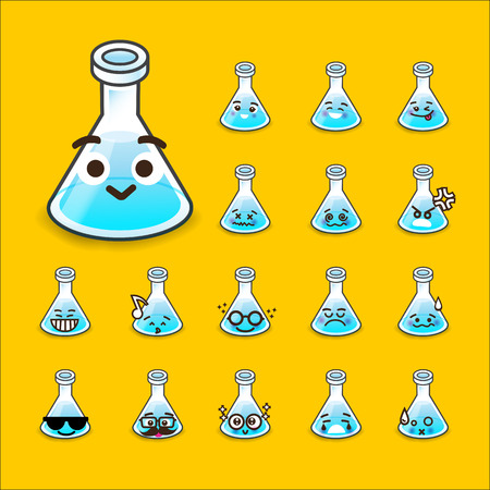 Collection of difference emoticon flask icon test tube chemical lab cartoon on yellow background illustrationのイラスト素材