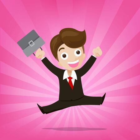 Businessman jumping with joy on sunburst pink background vector illustrationのイラスト素材