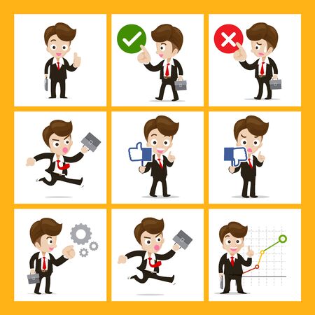 Set of 9 businessman in difference action vector illustration    isolated on white backgroundのイラスト素材