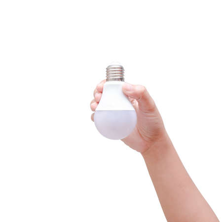 Woman hand holding LED bulb isolated on white background