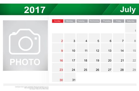 Year 2017 July month simple and clear design calendar template vector illustration eps10