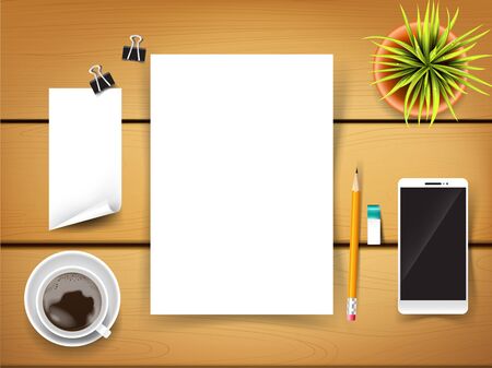 Top view of stationary pen pencil eraser smartphone paper clip coffee cup on wooden background vector illustration eps10のイラスト素材