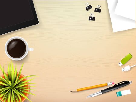 Top view of stationary pen pencil eraser tablet paper clip coffee cup with copy space on wooden background vector illustration eps 10のイラスト素材