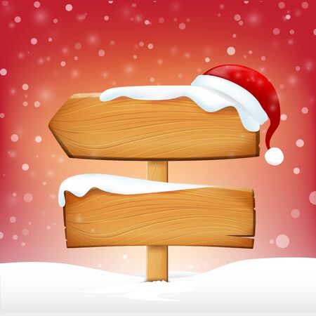 Wooden sign blank board and winter snow with copy space and Santa hat vector illustration eps 10のイラスト素材