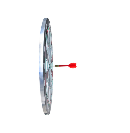 Close up shot red dart arrow on center of dartboard, metaphor to target success, winner concept, Isolated on white background with clipping pathの写真素材