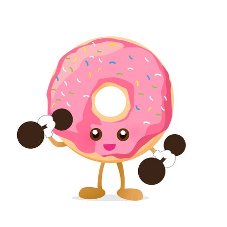 Donut cartoon holding dumbbell with happiness isolated on white background vector eps10 ,character designのイラスト素材