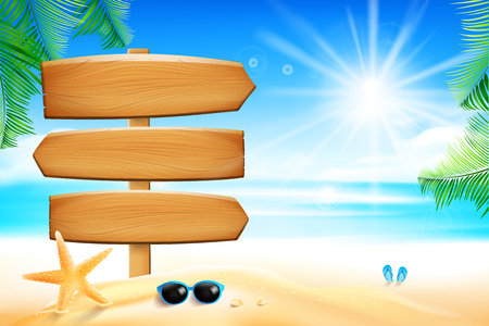 Blank wooden sign with Starfish flower palm leaf sand with copyspace and summer beach element over cloud and blue sky.のイラスト素材