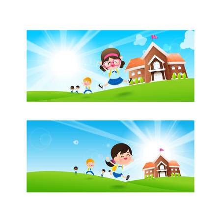 Back to School concept Blank banner template Student kids jumping and running  with happiness and cheerful with Nature Blue sky sunburst copy space and greenfield Background vector illustrationのイラスト素材